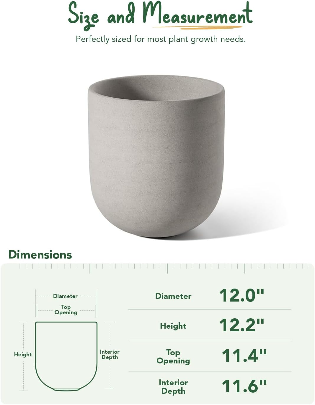 Ceramiczna doniczka cylindryczna 30 cm – z drenażem, do domu i na zewnątrz, neutralna szarość