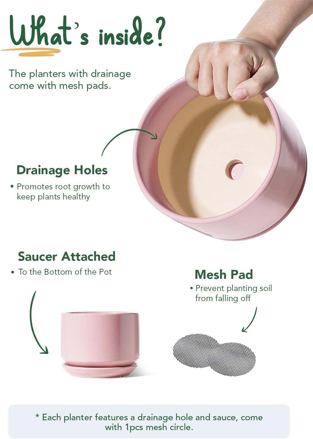 Ceramiczne doniczki – zestaw 3 szt., 10,5+13+17 cm, z drenażem i podstawką, różowe