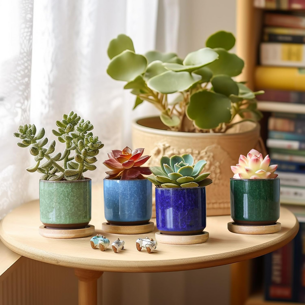 Małe ceramiczne doniczki – zestaw 6 szt., 6,3 cm, z podstawką i drenażem, do sukulentów
