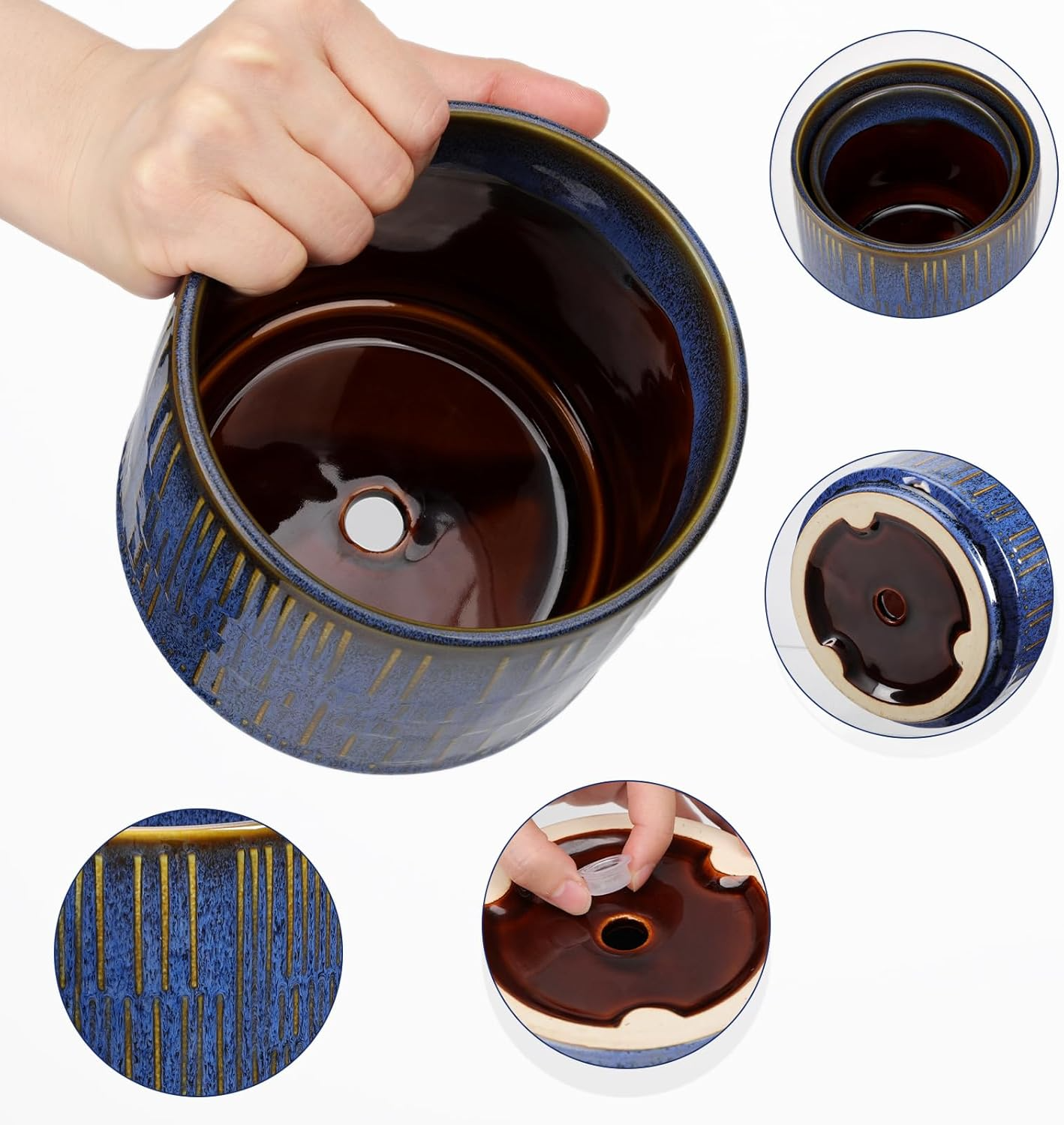 Ceramiczne doniczki – zestaw 2 szt., 11+13 cm, z podstawkami, niebiesko-złote paski