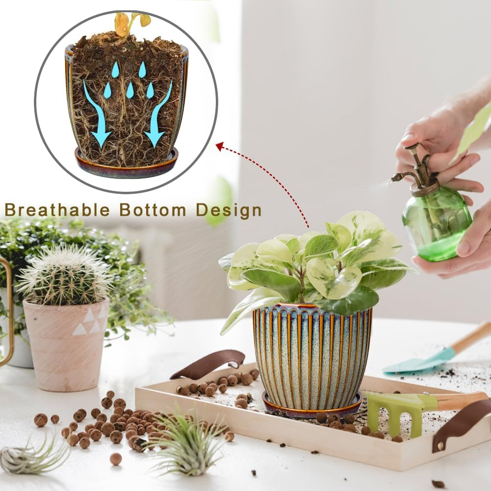 Ceramiczne żebrowane doniczki – zestaw 2 szt., średnica 15 cm, z drenażem i podstawką, retro brąz