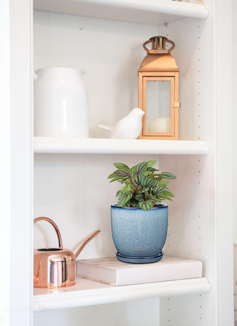 Ceramiczne doniczki – zestaw 2 szt., 12+15 cm, z drenażem i spodkiem, niebieskie