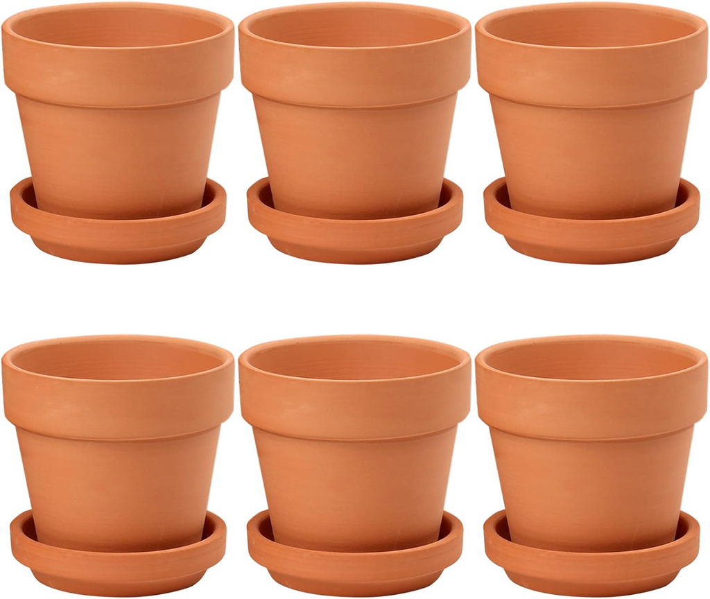 Mini doniczki z terakoty – zestaw 6 szt., 8x8 cm, z podstawką i otworem drenażowym