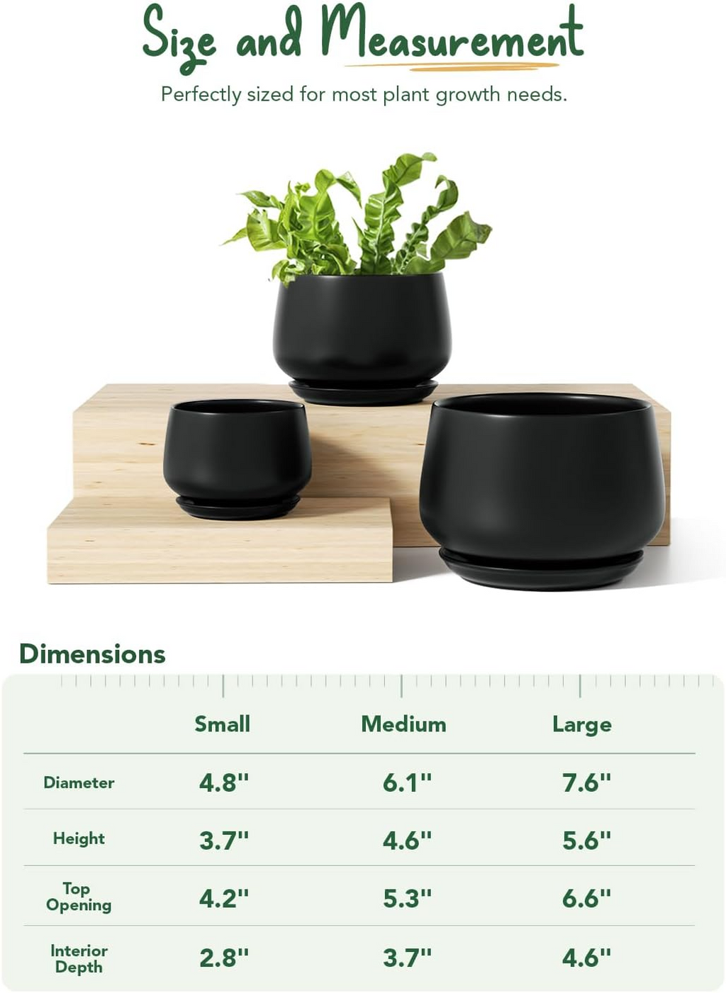 Ceramiczne doniczki – zestaw 3 szt., 10+12,5+16,5 cm, z drenażem i podstawką, czarne