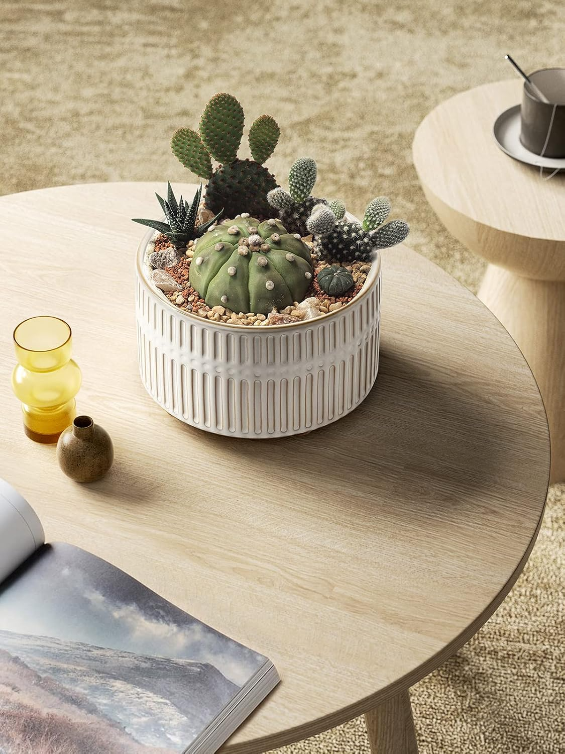 Ceramiczne doniczki 16,5+20 cm – zestaw 2 szt., z drenażem, zaokrąglony design, reaktywna biel