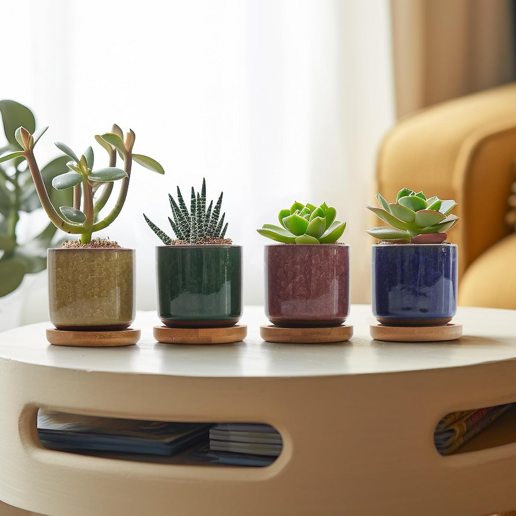 Małe ceramiczne doniczki – zestaw 6 szt., 6,3 cm, z podstawką i drenażem, do sukulentów