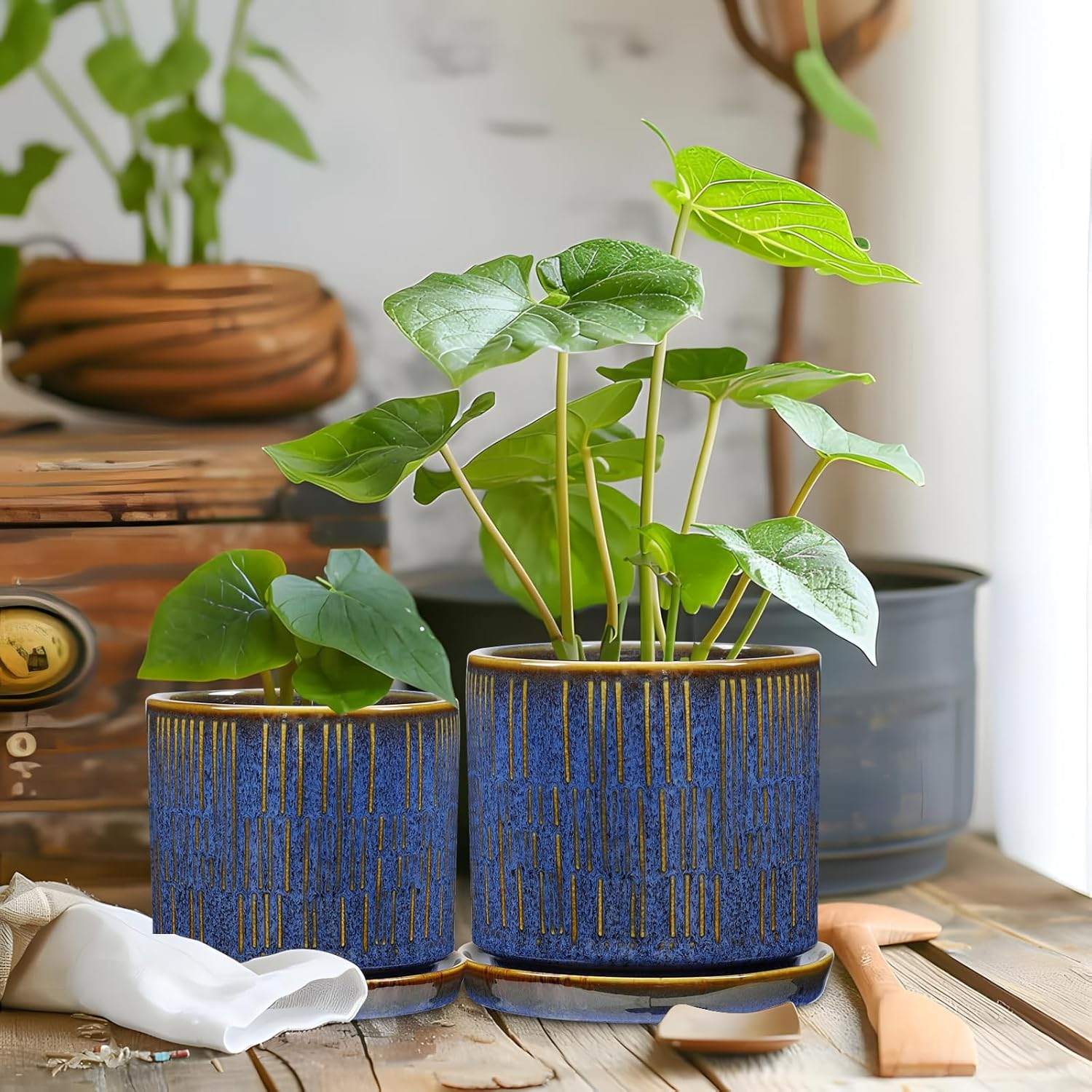 Ceramiczne doniczki – zestaw 2 szt., 11+13 cm, z podstawkami, niebiesko-złote paski