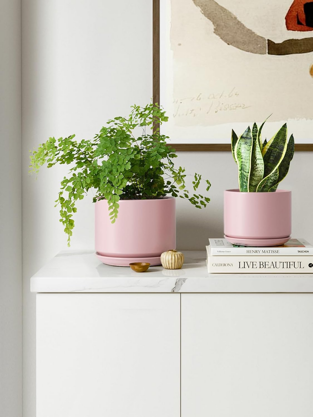 Ceramiczne doniczki – zestaw 3 szt., 10,5+13+17 cm, z drenażem i podstawką, różowe
