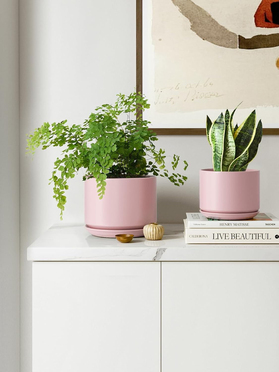 Ceramiczne doniczki – zestaw 3 szt., 10,5+13+17 cm, z drenażem i podstawką, różowe