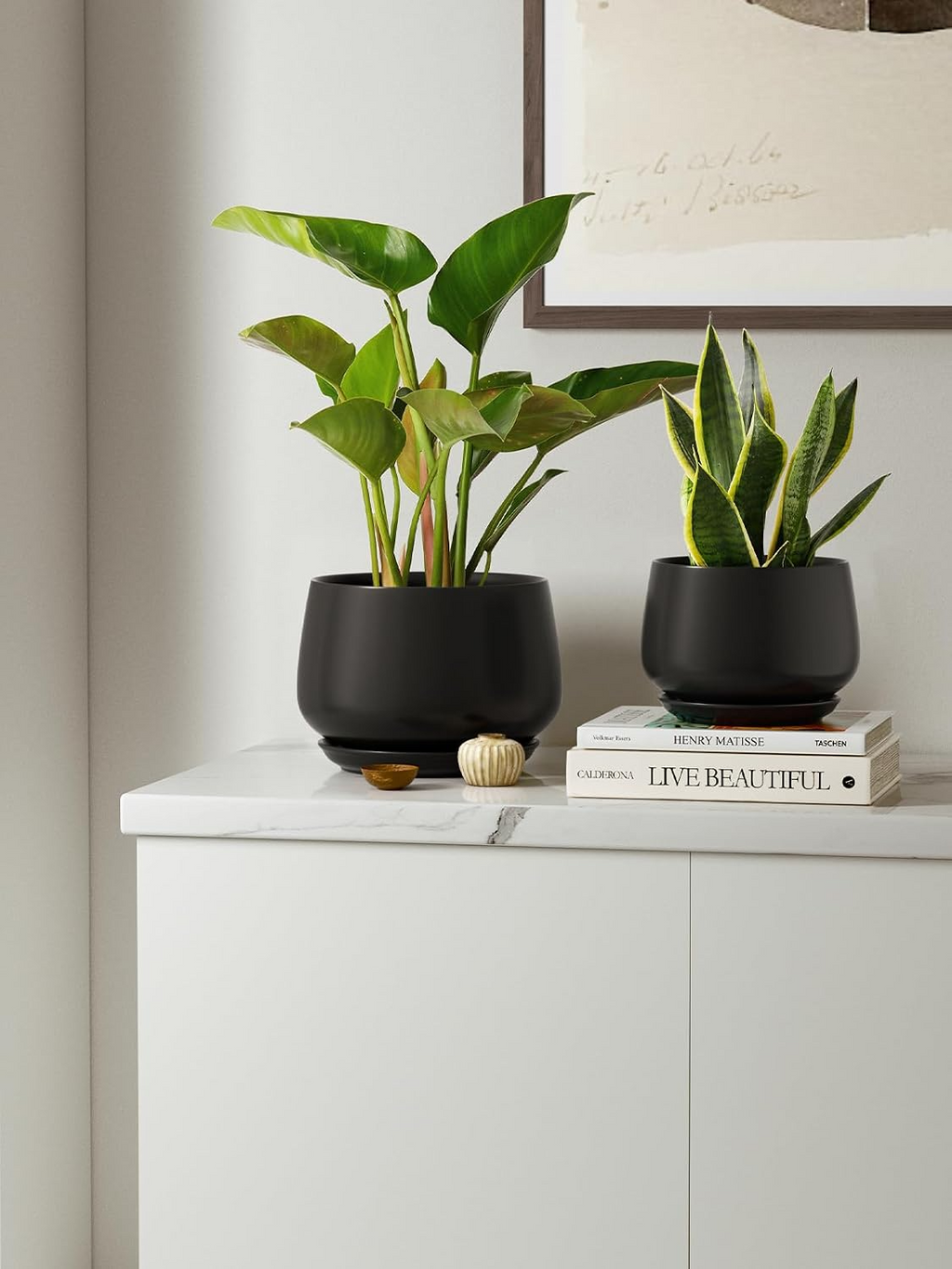 Ceramiczne doniczki – zestaw 3 szt., 10+12,5+16,5 cm, z drenażem i podstawką, czarne