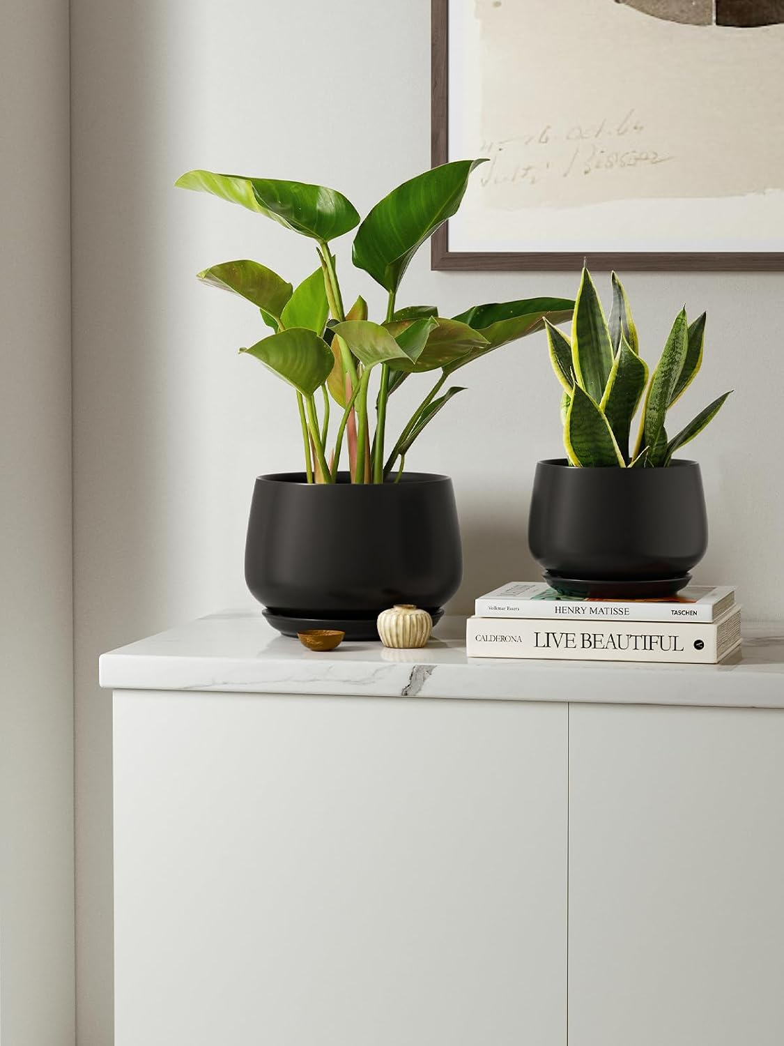 Ceramiczne doniczki – zestaw 3 szt., 10+12,5+16,5 cm, z drenażem i podstawką, czarne