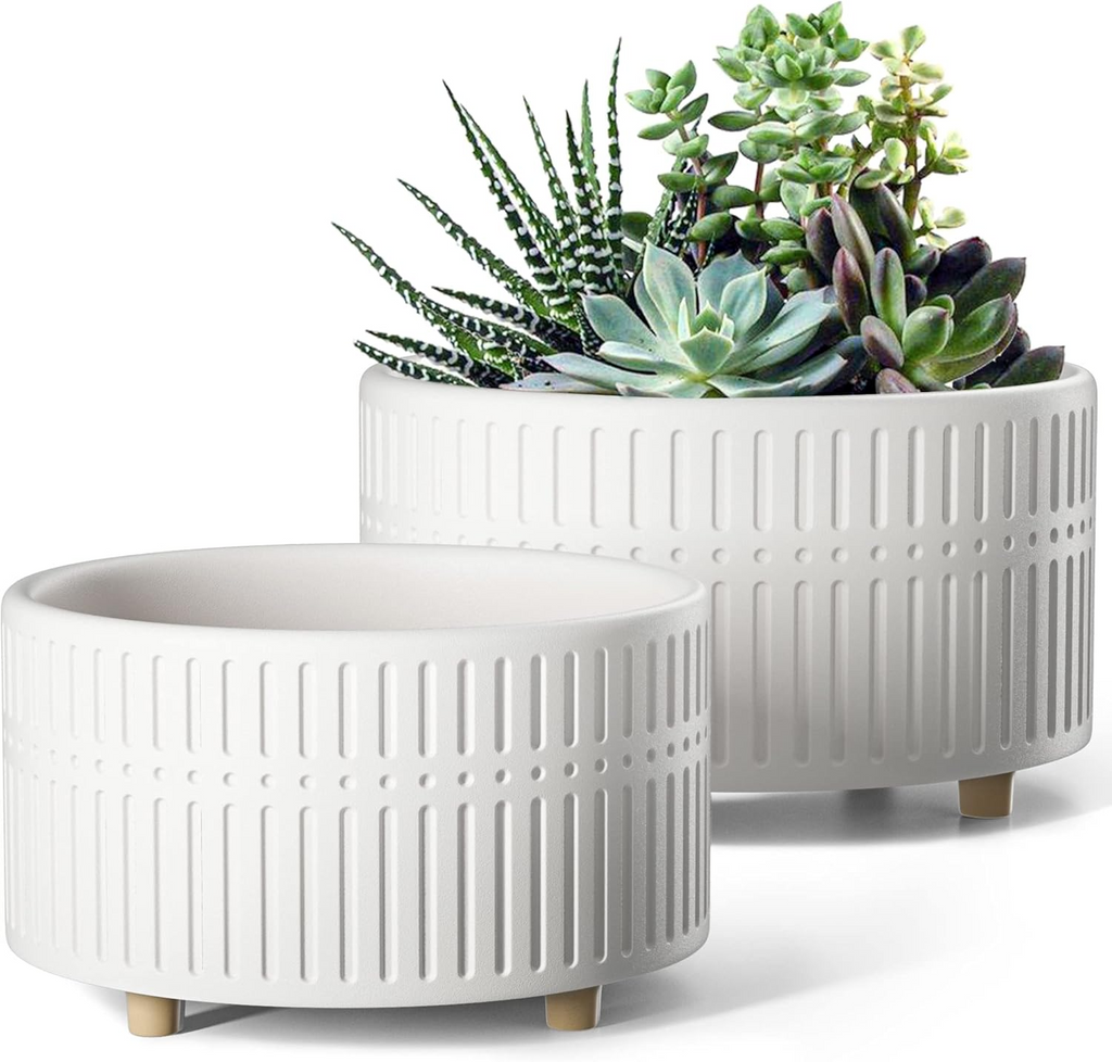 Ceramiczne doniczki 16,5+20 cm – zestaw 2 szt., z drenażem, zaokrąglony design, reaktywna biel