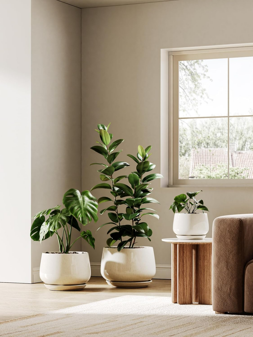 Ceramiczna doniczka 30 cm – z drenażem i podstawką, zaokrąglony design, reaktywny beż