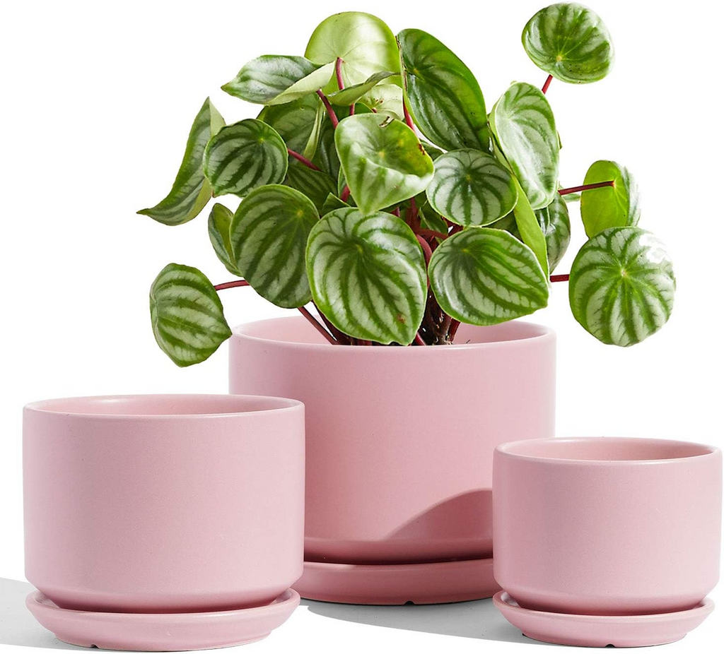 Ceramiczne doniczki – zestaw 3 szt., 10,5+13+17 cm, z drenażem i podstawką, różowe