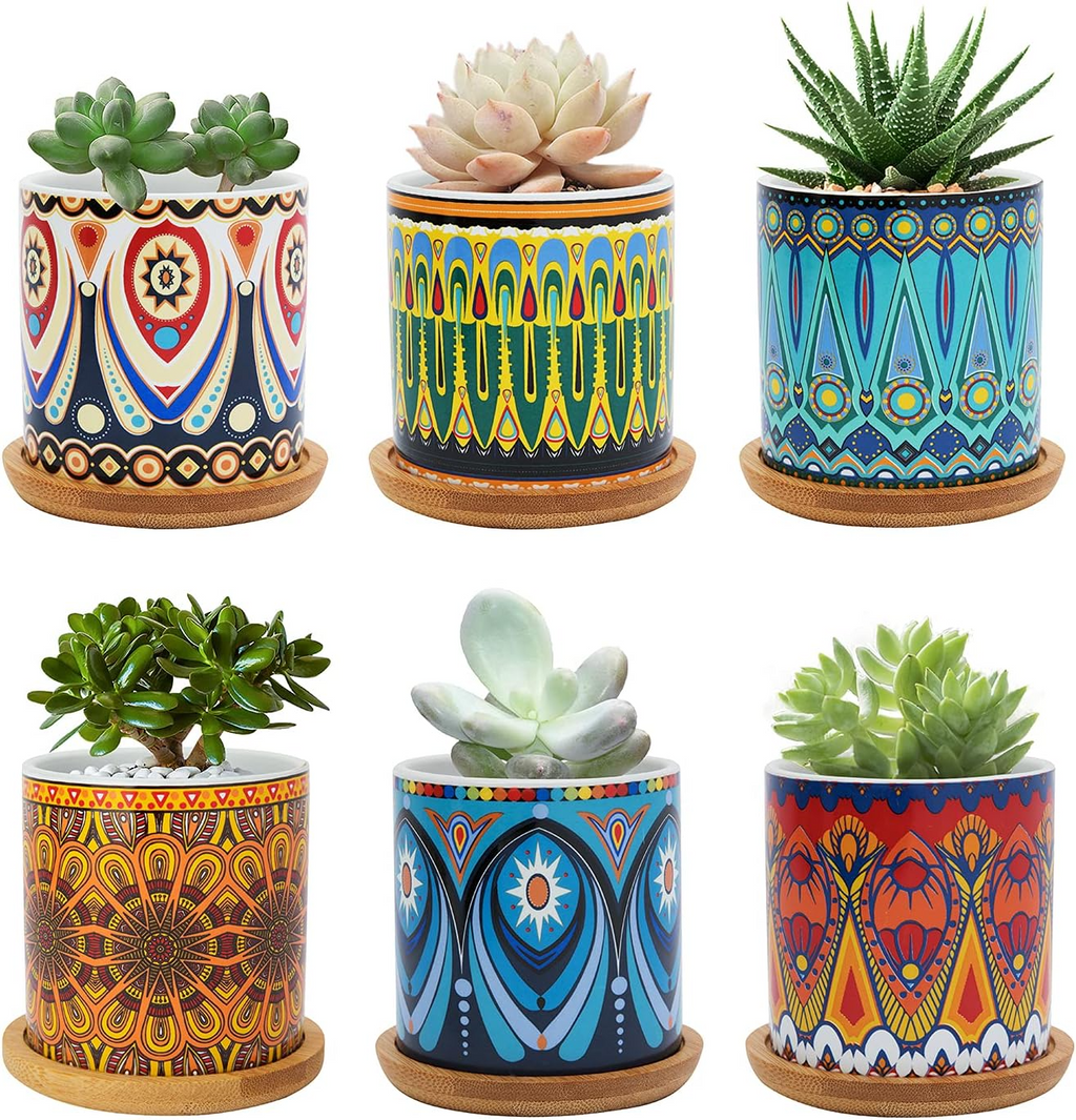 Ceramiczne doniczki z wzorem mandali – zestaw 6 szt., 7,5 cm, z bambusową tacą i drenażem