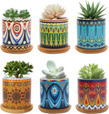 Ceramiczne doniczki z wzorem mandali – zestaw 6 szt., 7,5 cm, z bambusową tacą i drenażem