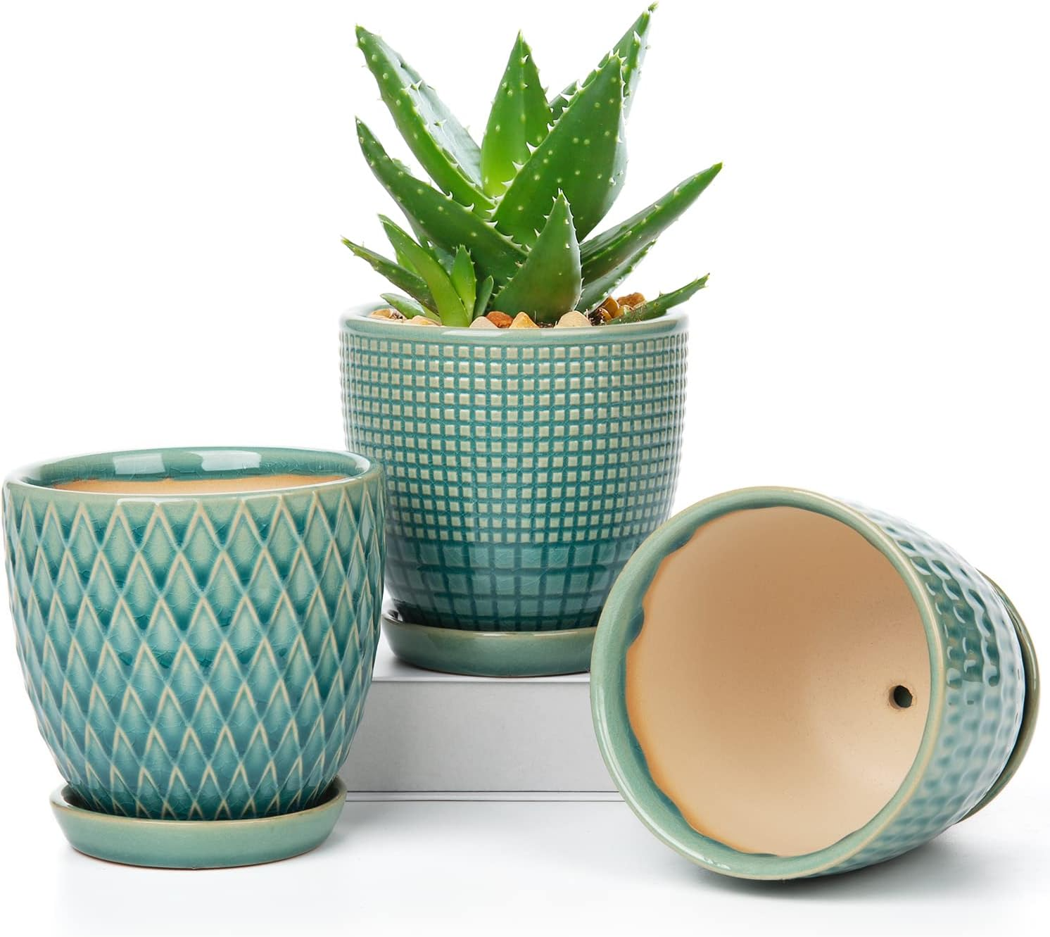 Ceramiczne doniczki okrągłe – zestaw 3 szt., średnica 11,2 cm, z drenażem i spodkiem