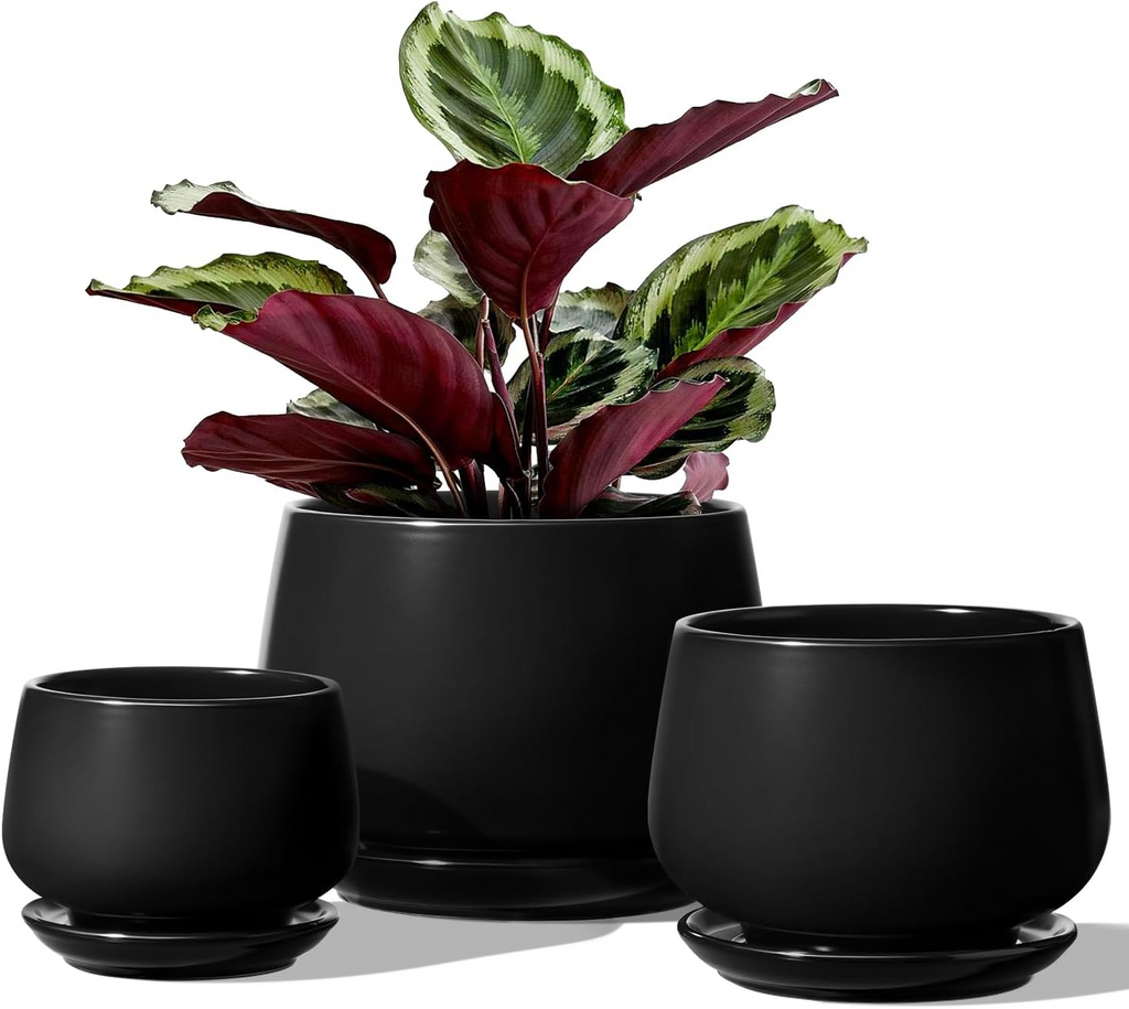 Ceramiczne doniczki – zestaw 3 szt., 10+12,5+16,5 cm, z drenażem i podstawką, czarne