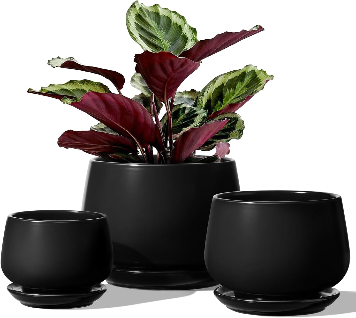 Ceramiczne doniczki – zestaw 3 szt., 10+12,5+16,5 cm, z drenażem i podstawką, czarne