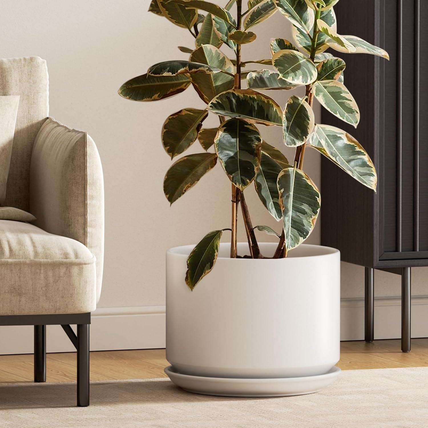 Ceramiczna doniczka 30 cm – z drenażem i podstawką, minimalistyczny design, biała