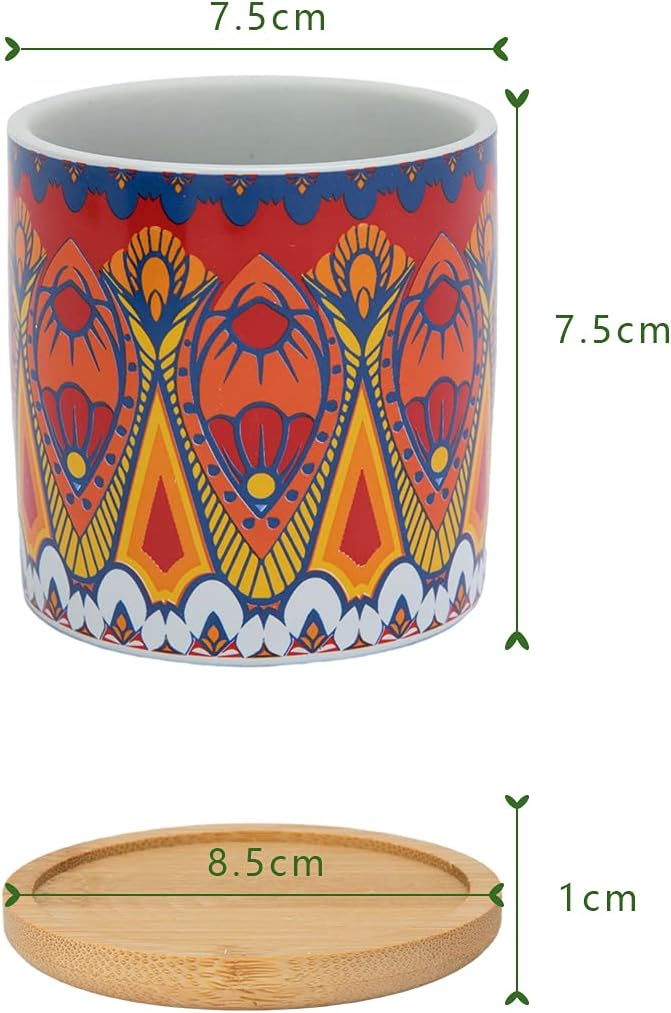Ceramiczne doniczki z wzorem mandali – zestaw 6 szt., 7,5 cm, z bambusową tacą i drenażem