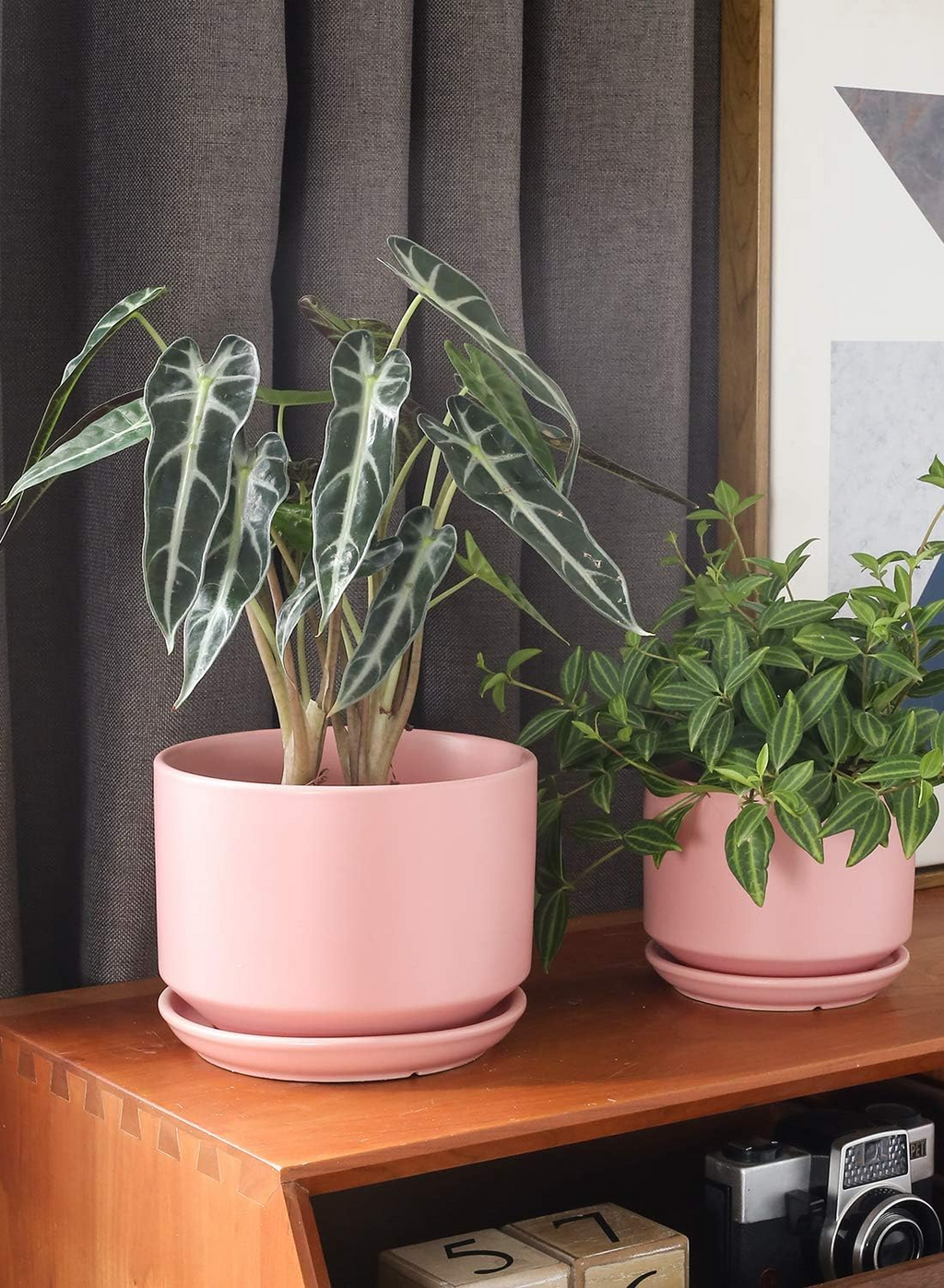 Ceramiczne doniczki – zestaw 3 szt., 10,5+13+17 cm, z drenażem i podstawką, różowe