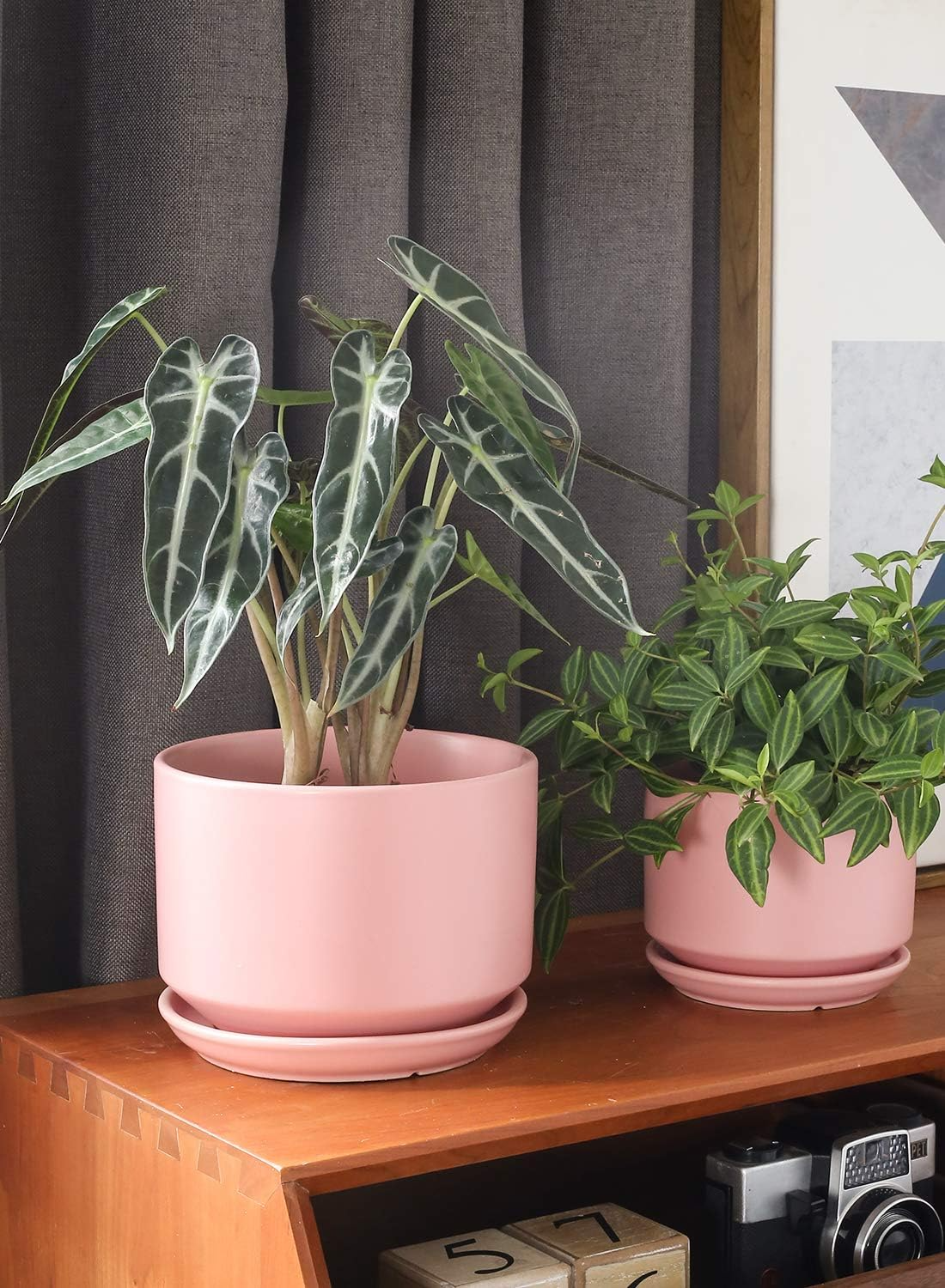 Ceramiczne doniczki – zestaw 3 szt., 10,5+13+17 cm, z drenażem i podstawką, różowe