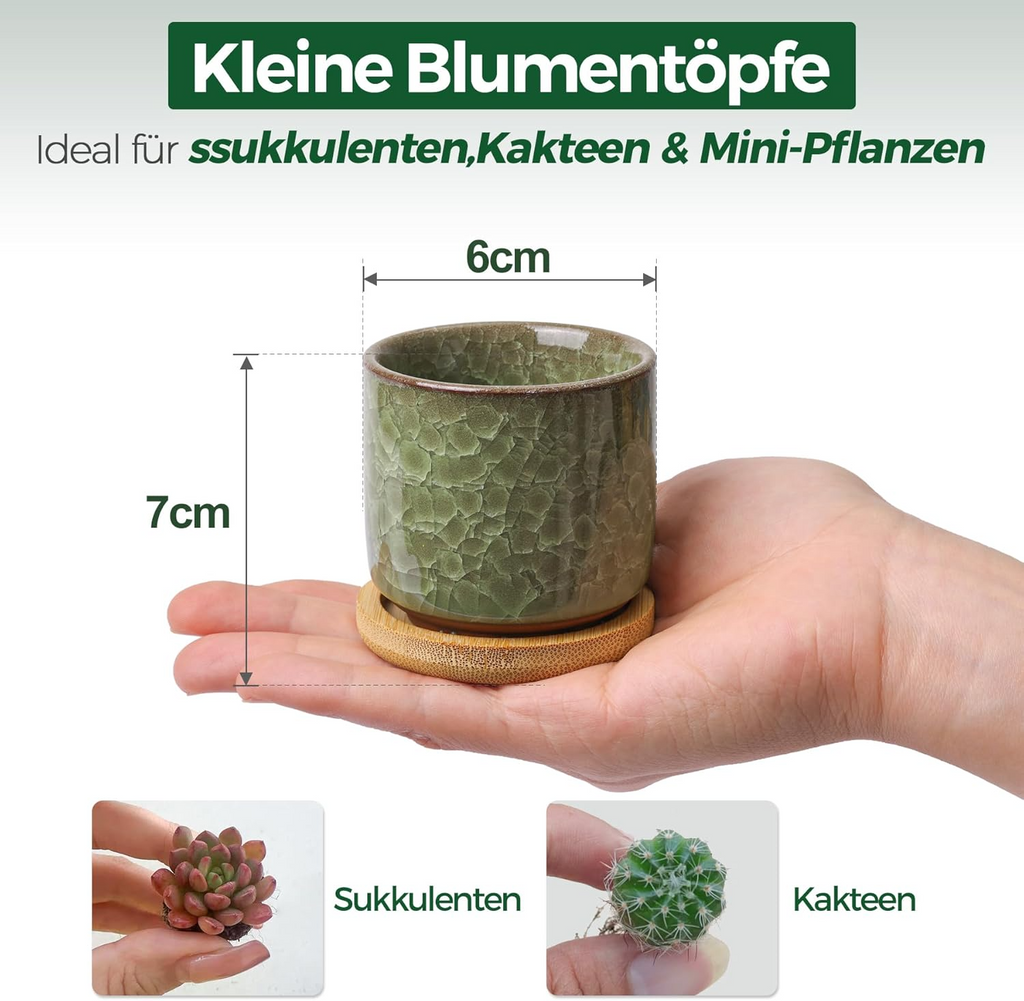 Małe ceramiczne doniczki – zestaw 6 szt., 6,3 cm, z podstawką i drenażem, do sukulentów