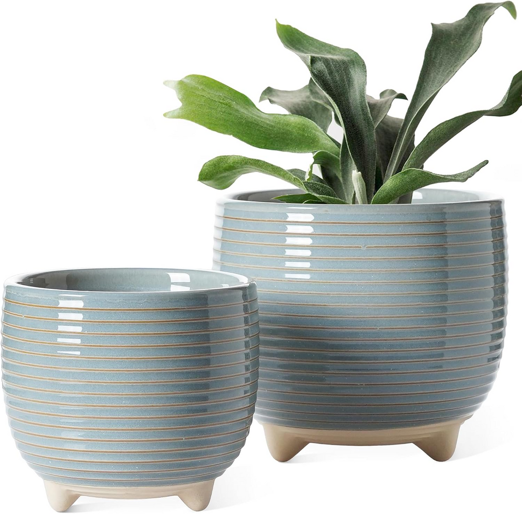 Ceramiczne doniczki na nóżkach – zestaw 2 szt., 12,5+16 cm, z drenażem, mglisty szary