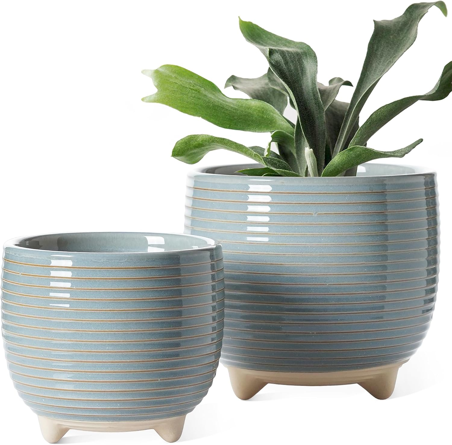 Ceramiczne doniczki na nóżkach – zestaw 2 szt., 12,5+16 cm, z drenażem, mglisty szary