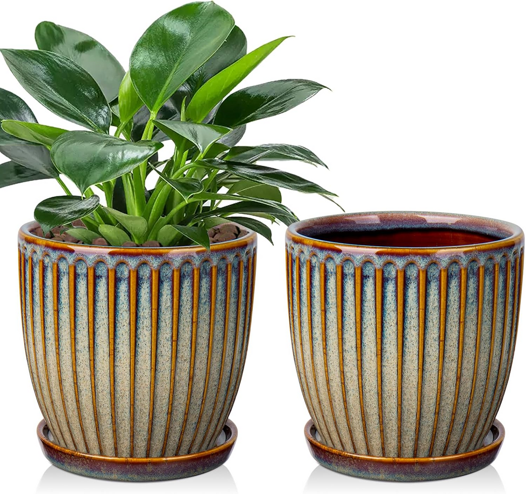 Ceramiczne żebrowane doniczki – zestaw 2 szt., średnica 15 cm, z drenażem i podstawką, retro brąz