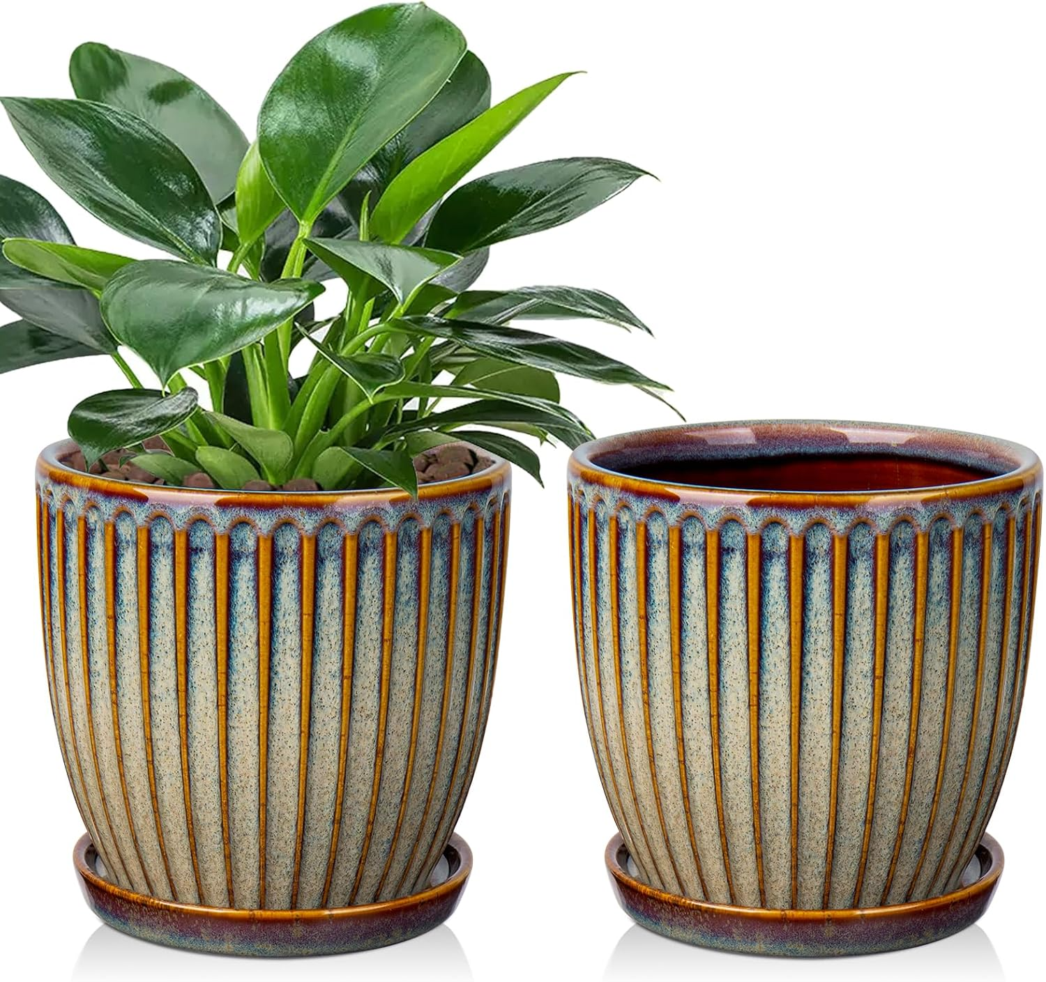 Ceramiczne żebrowane doniczki – zestaw 2 szt., średnica 15 cm, z drenażem i podstawką, retro brąz
