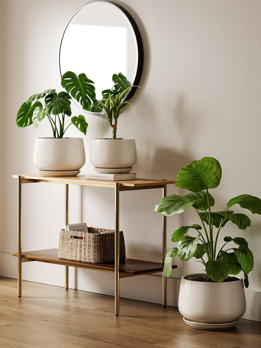 Ceramiczna doniczka 30 cm – z drenażem i podstawką, zaokrąglony design, reaktywny beż