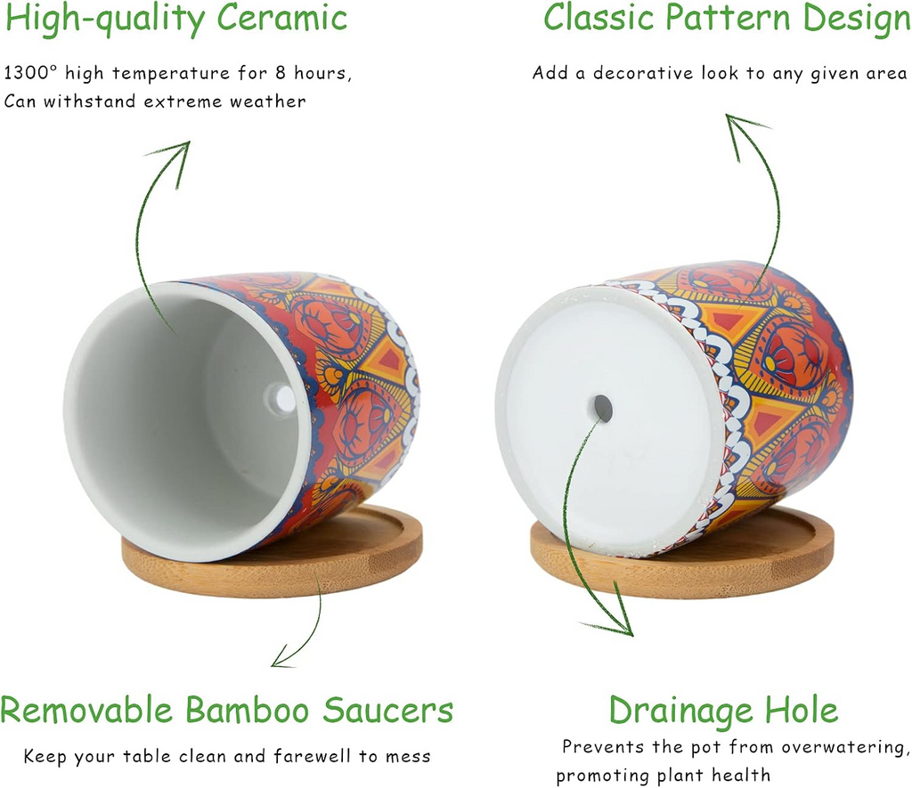 Ceramiczne doniczki z wzorem mandali – zestaw 6 szt., 7,5 cm, z bambusową tacą i drenażem