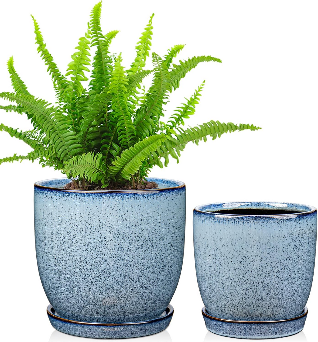 Ceramiczne doniczki – zestaw 2 szt., 12+15 cm, z drenażem i spodkiem, niebieskie