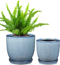 Ceramiczne doniczki – zestaw 2 szt., 12+15 cm, z drenażem i spodkiem, niebieskie