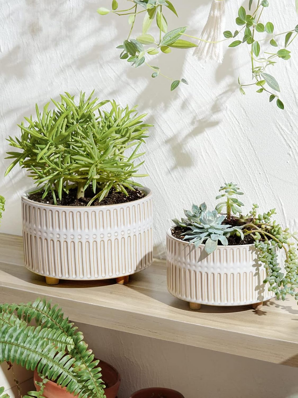 Ceramiczne doniczki 16,5+20 cm – zestaw 2 szt., z drenażem, zaokrąglony design, reaktywna biel
