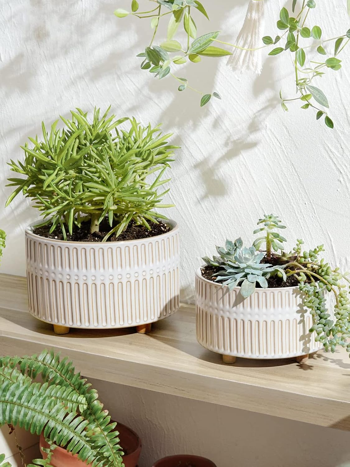 Ceramiczne doniczki 16,5+20 cm – zestaw 2 szt., z drenażem, zaokrąglony design, reaktywna biel