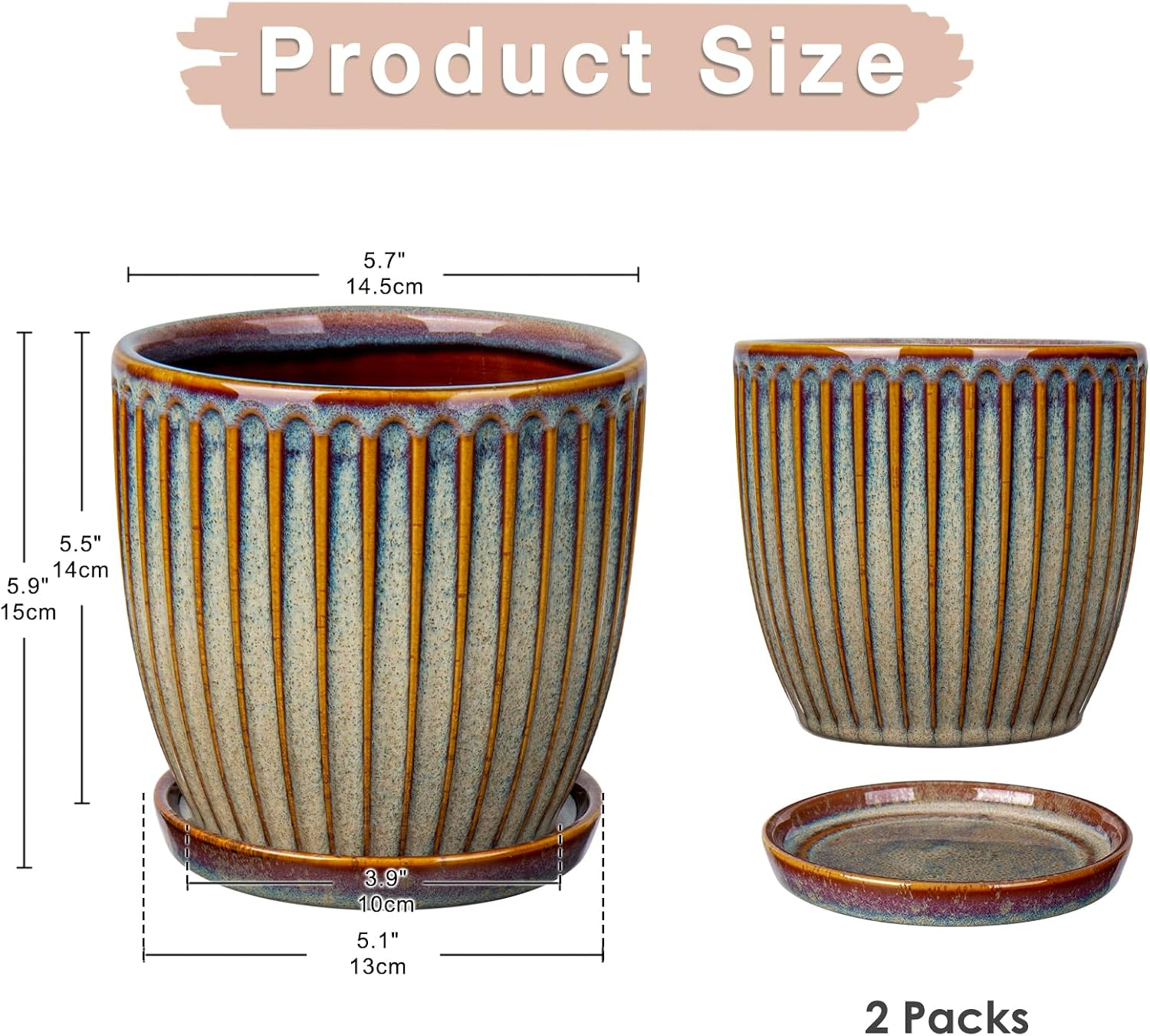 Ceramiczne żebrowane doniczki – zestaw 2 szt., średnica 15 cm, z drenażem i podstawką, retro brąz