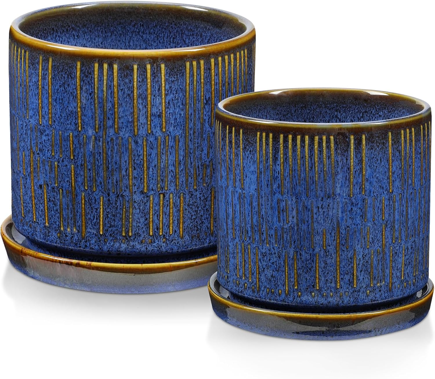 Ceramiczne doniczki – zestaw 2 szt., 11+13 cm, z podstawkami, niebiesko-złote paski