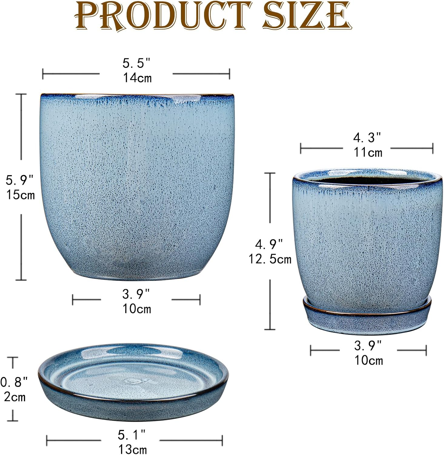 Ceramiczne doniczki – zestaw 2 szt., 12+15 cm, z drenażem i spodkiem, niebieskie