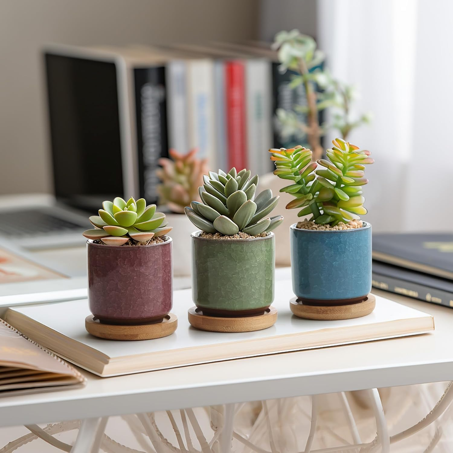 Małe ceramiczne doniczki – zestaw 6 szt., 6,3 cm, z podstawką i drenażem, do sukulentów