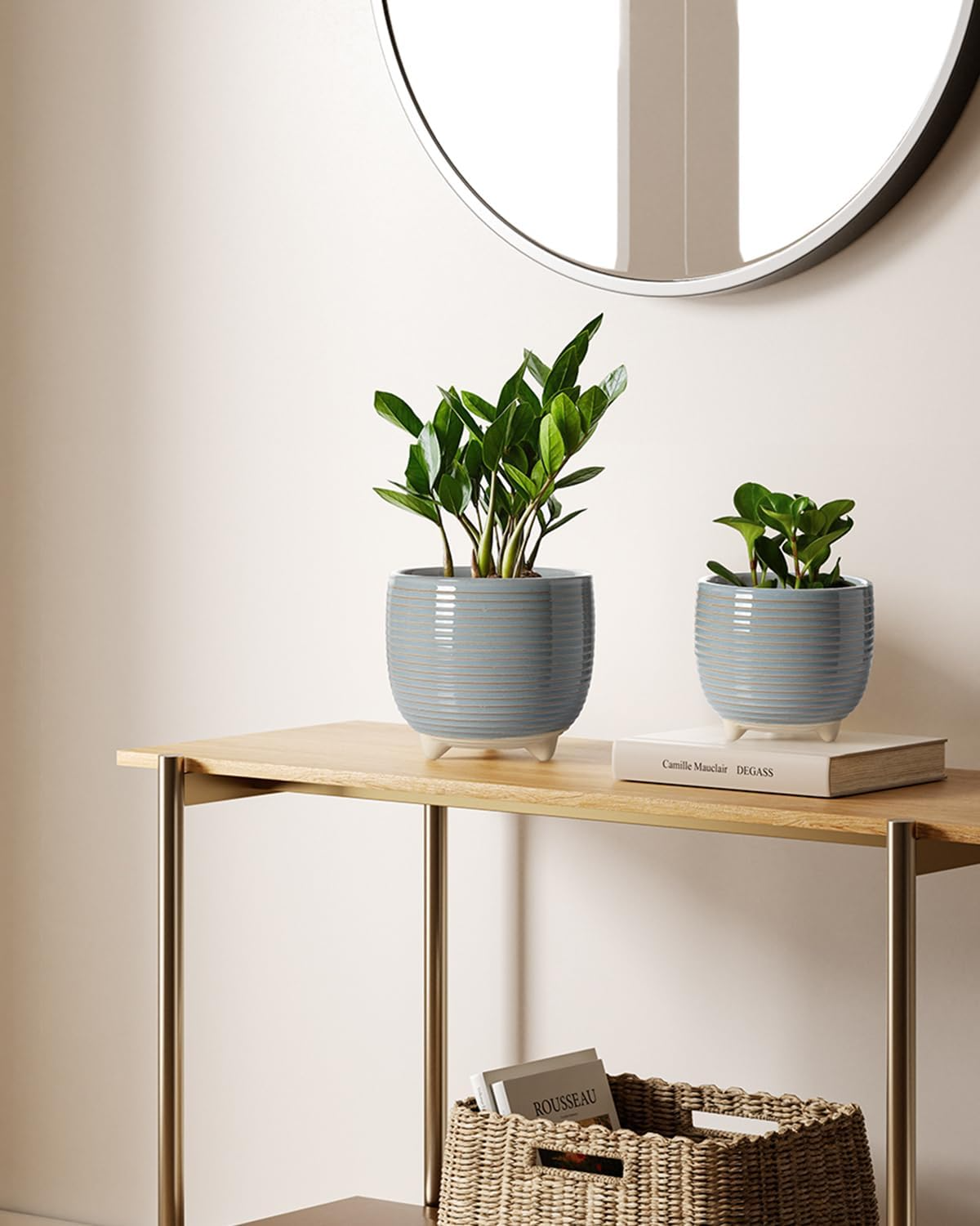 Ceramiczne doniczki na nóżkach – zestaw 2 szt., 12,5+16 cm, z drenażem, mglisty szary