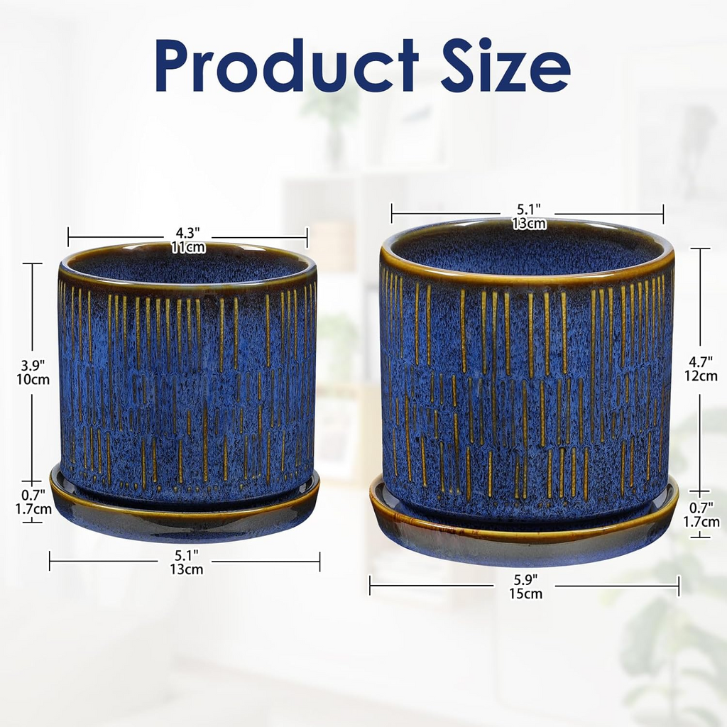 Ceramiczne doniczki – zestaw 2 szt., 11+13 cm, z podstawkami, niebiesko-złote paski
